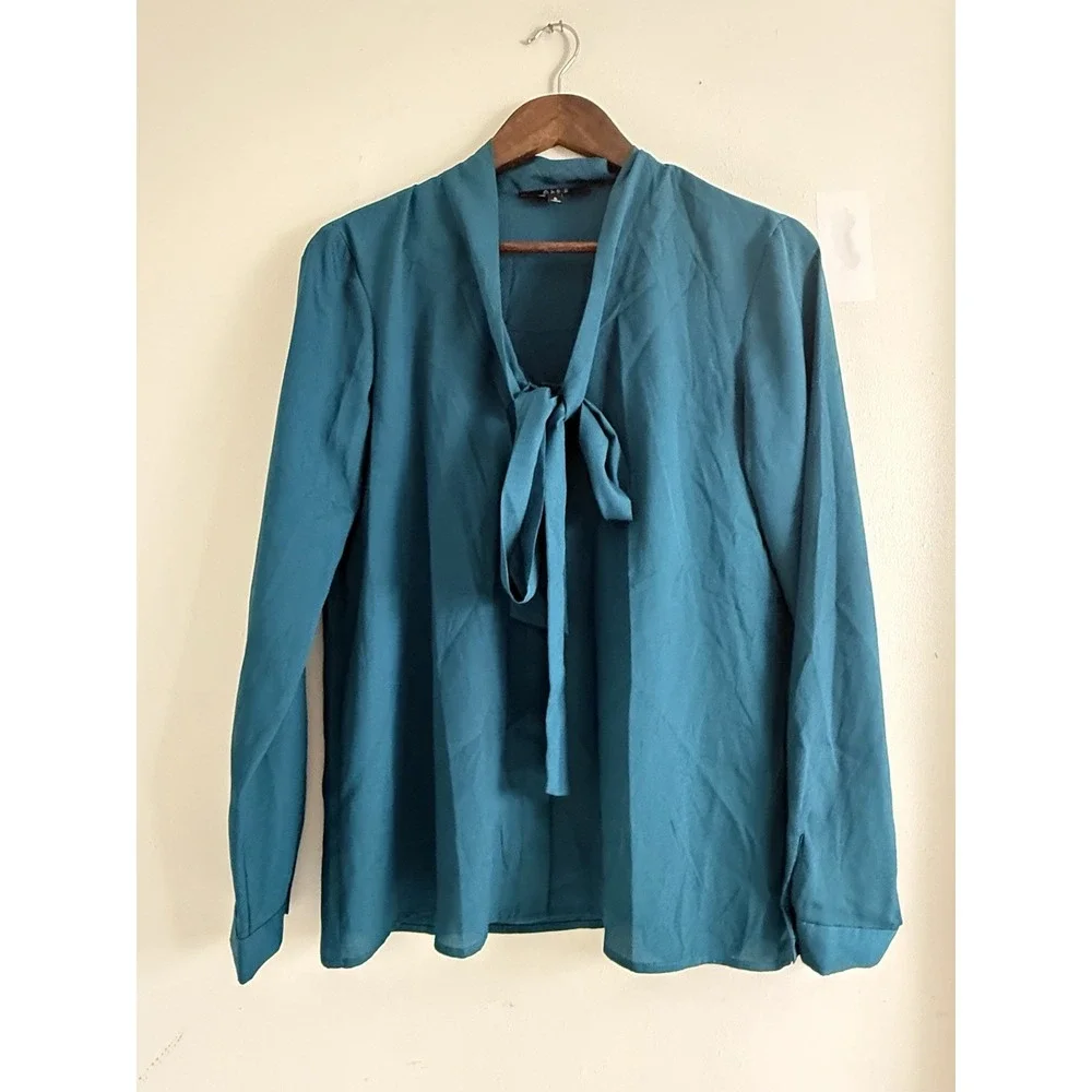 Alex Marie Womens S Teal Tie Neck Blouse Long Sleeve Bow Career Office Top